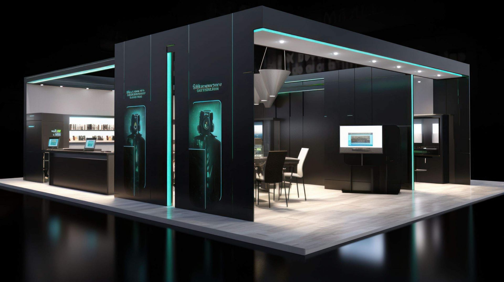 Visualisation vr project, Commercial stand in exhibition hall or large professional salon ready to receive brands and advertisements.